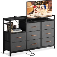 Odk Tv Stand With Charging Station, 52'' Long Tv Stand For Living Room Tv Stand With 8 Drawers, Black And Dark Grey