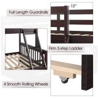Giantex Twin Over Full Bunk Bed With Trundle, Solid Wood Bunk Bed With Ladder And Guardrails, Convertible To 2 Beds, Triple Bunk Beds For Kids Teens Adults, No Box Spring Needed, Espresso