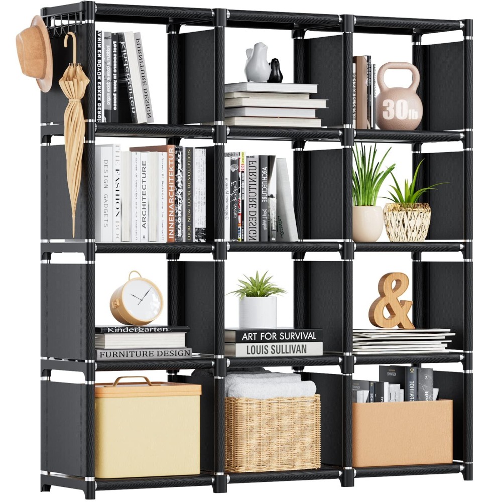 Mavivegue Book Shelf 12 Cube Storage Organizer Diy Bookcase Metal Bookshelf Tall Book Case For Bedroom Living Room Office Cl