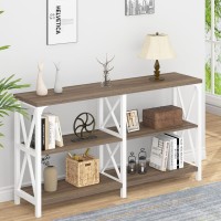 IBF Farmhouse Entryway Table, Wood TV Console Table, Long Rustic Metal Sofa Table, Industrial Hallway Table with Storage Shelves, Modern Foyer Tables for Front Entry Way, White and Rustic Oak, 55 in