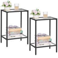 Homsho Side Tables Set Of 2, End Tables With Tempered Glass, 2-Tier Nightstands With Storage Shelves, Slim Sofa Table For Living Room, Bedroom (2, Black)