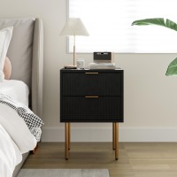 Masupu Nightstand,Mid-Century Modern Bedside Table With 2 Storage Drawer,Small Gold Frame Side End Table For Bedroom,Living Room (Black)