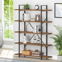 Hsh Rustic Bookcases And Book Shelves 5 Shelf, Metal Wood 5 Tier Bookshelf And Storage Book Rack, Vintage Large Book Shelf For Bedroom Living Room Office,Open Vertical Display Etagere Book Case, Brown