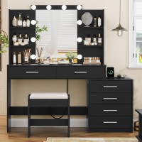 Quimoo 48 Large Vanity Desk With Mirror And Lights Makeup Vanity With 6 Drawers Power Outlet Vanity Makeup Mirror Desk Tabl