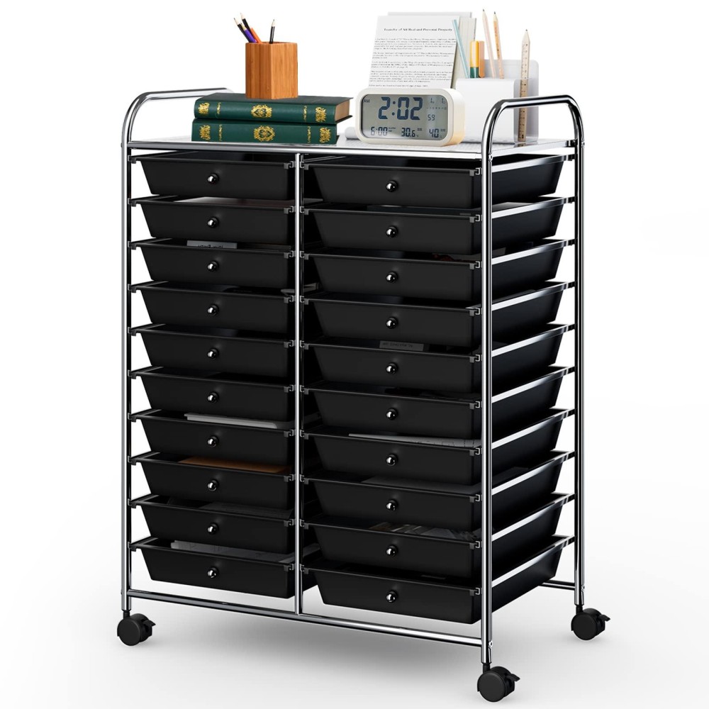 Silkydry 20-Drawer Rolling Storage Cart, Art Cart Organizer On Wheels, Metal Frame And Removable Drawers, Multipurpose Mobile Utility Cart For Classroom, Office, School, Home (Black)