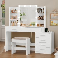 Quimoo 48 Large Vanity Desk With Mirror Lights Makeup Vanity Table With 6 Drawers Power Outlet 4 Open Storage Shelves V