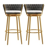 Set Of 2 Swivel Bar Stools, Modern Counter Height Chairs With Curved Woven Back Footrest Luxury Velvet Barstools Home Bar Kitchen Island Stool-Grey