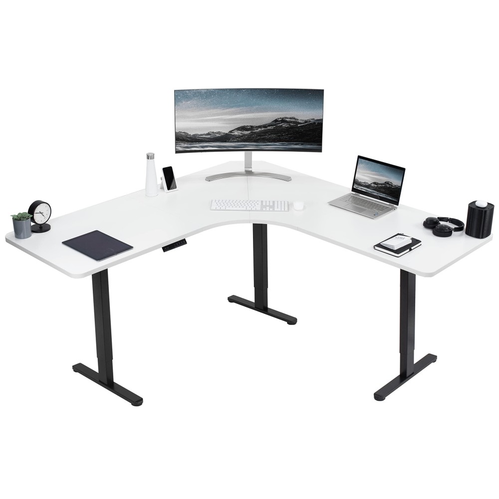 Vivo Electric Height Adjustable 71 X 71 Inch Curved Corner Stand Up Desk, White Table Top, Black Frame, Memory Controller, L-Shaped Workstation, E3C Series, Desk-Kit-E3Cbw