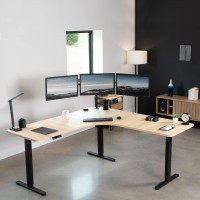 Vivo Electric Height Adjustable 71 X 71 Inch Curved Corner Stand Up Desk, Light Wood Table Top, Black Frame, Memory Controller, L-Shaped Workstation, E3C Series, Desk-Kit-E3Cbc
