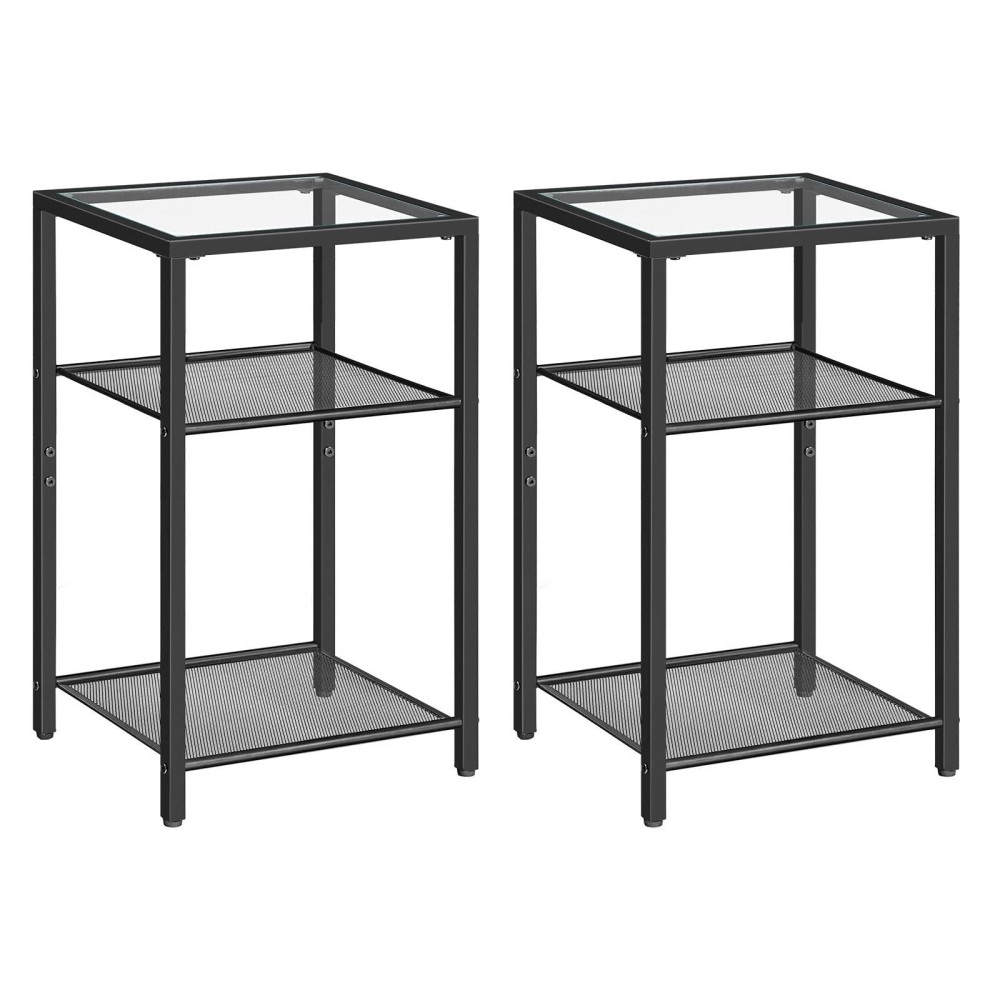 Hoobro Side Tables Set Of 2, 3-Tier Slim Nightstands With Storage Shelves, Modern End Tables, Tempered Glass Bedside Tables, For Living Room, Bedroom, Black Bk77Bzp201