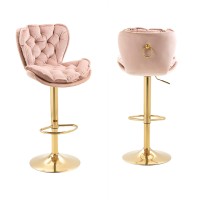 360 Modern Swivel Pub Height Barstool, High Dining Chair With Velvet Seat, Backrest, Armless Hydraulic Counter Stool, Gold Base Island Stool (Pink)