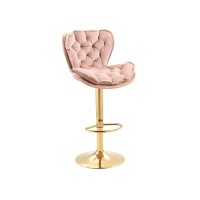 360 Modern Swivel Pub Height Barstool, High Dining Chair With Velvet Seat, Backrest, Armless Hydraulic Counter Stool, Gold Base Island Stool (Pink)