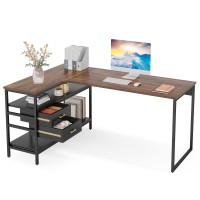Little Tree 59 Inches L-Shaped Computer Desk With 2 Drawers, Simple Corner Desk With Open Storage Shelves For Home Office