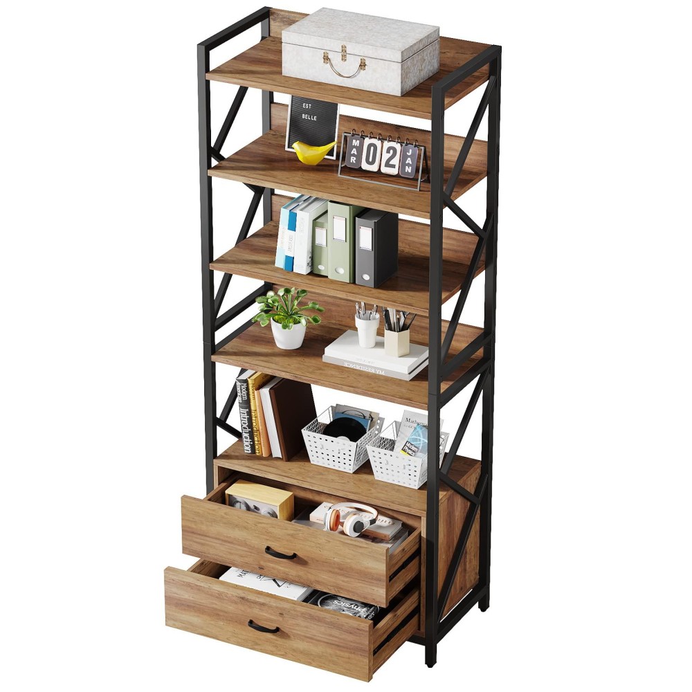 LITTLE TREE 5 Tier Bookshelf with Drawers,Industrial Bookcase with Open Shelf for Home Office