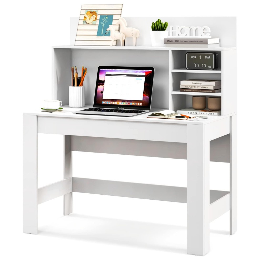 Tangkula White Desk With Hutch, Home Office Desk With Bookshelf, Writing Study Desk With Anti-Toppling Device & Cable Hole, Modern Computer Workstation Pc Laptop Desk For Small Space, Bedroom