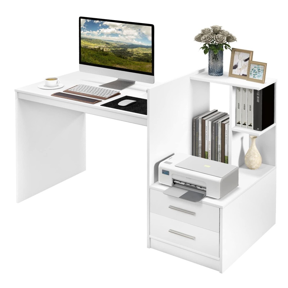 Tangkula White Desk With 2 Storage Drawers & Bookshelf, Home Office Desk With Corner Bookshelf & Printer Stand, Small Writing Study Desk For Small Space, Modern Vanity Table For Bedroom (White)