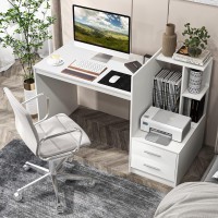 Tangkula White Desk With 2 Storage Drawers & Bookshelf, Home Office Desk With Corner Bookshelf & Printer Stand, Small Writing Study Desk For Small Space, Modern Vanity Table For Bedroom (White)