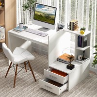 Tangkula White Desk With 2 Storage Drawers & Bookshelf, Home Office Desk With Corner Bookshelf & Printer Stand, Small Writing Study Desk For Small Space, Modern Vanity Table For Bedroom (White)