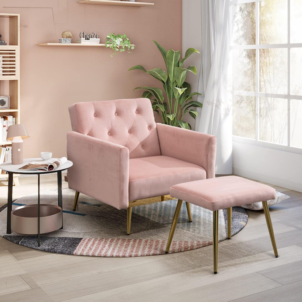 Kinffict Velvet Accent Sofa Chair With Ottoman, Upholstered Comfy Lounge Armchair With Adjustable Armrests And Backrest, Living Room Single Recliner With Tufted Button Back, Pink