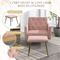 Kinffict Velvet Accent Sofa Chair With Ottoman, Upholstered Comfy Lounge Armchair With Adjustable Armrests And Backrest, Living Room Single Recliner With Tufted Button Back, Pink