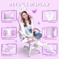 Ferghana Kawaii Light Purple Gaming Chair With Bunny Ears Ergonomic Cute Gamer Chair With Footrest And Massage Racing Reclinin