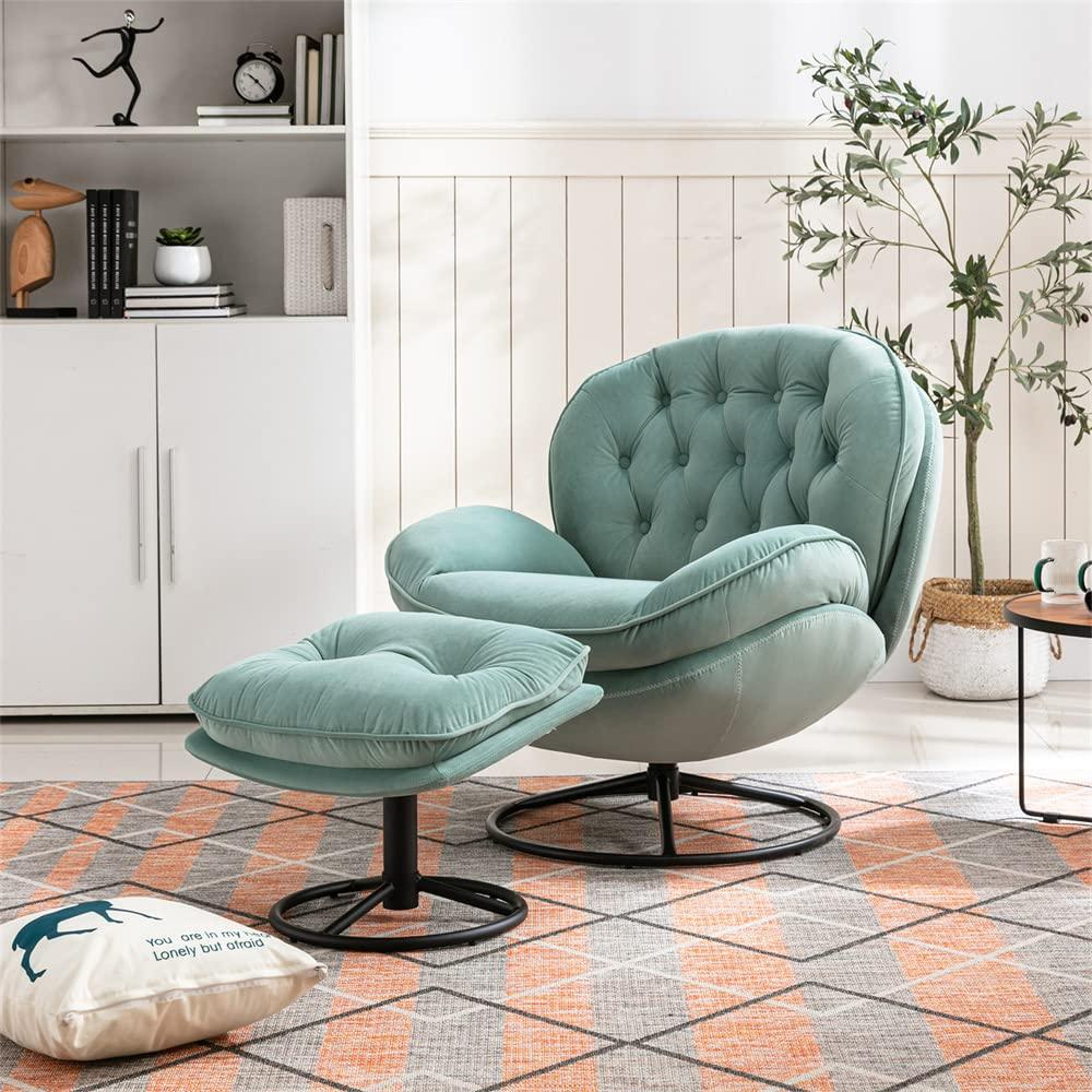 i-POOK Velvet Swivel Accent Chair with Ottoman Set, Modern Lounge Chair with Footrest and Metal Base Comfy Armchair with 360 Degree Swiveling Single Sofa Chair Accent Chairs for Living Room, Teal