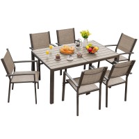 Flamaker Patio Dining Set 7 Piece Metal Frame Outdoor Furniture With 6 Textilene Chairs And Rectangular Table Family Kitchen Conversation Set For Backyard, Lawn, Terrace (Brown)