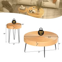 Costway Farmhouse Round Coffee Table Set Of 2, Rustic Sofa Side Tea Tables W/Wood Finish, Metal Frame, Adjustable Foot Pads, Nesting End Table Set For Living Room, Bedroom (Ring Pattern)
