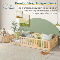 Tatub Twin Floor Bed With Safety Guardrails And Slats, Toddler Floor Bed Frame Twin Size For Girls And Boys, Wood Montessori Floor Bed For Kids, Twin-Nature