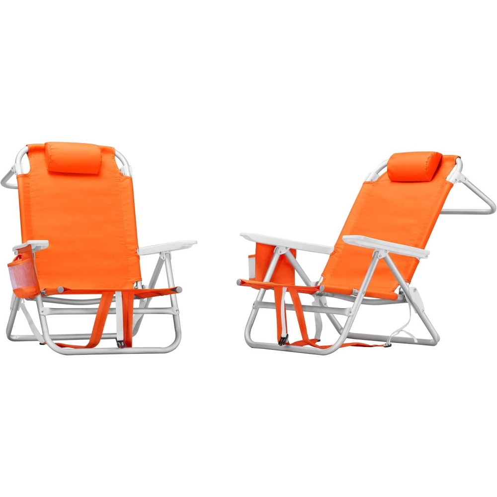 Lemberi Backpack Beach Chairs For Adults,1/2 Pack Folding Heavy Duty Camping Chair With Large Pockets And Cup Holder,Adjustable High Beach Lounge Chairs With Towel Rack For Outdoor,Travel (2, Orange)