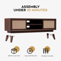 Bme Jasper Premium Solid Wood TV Stand, Under 10 Minutes Assembly (Legs Only), Aesthetic Rattan Doors, Bedroom, 65 inches, 64.6 x 17.7 x 21.65, Media Console - Walnut