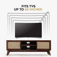 Bme Jasper Premium Solid Wood TV Stand, Under 10 Minutes Assembly (Legs Only), Aesthetic Rattan Doors, Bedroom, 65 inches, 64.6 x 17.7 x 21.65, Media Console - Walnut