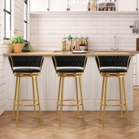Lsoiup Bar Stools Set Of 3 Modern 360 Swivel Counter Height Stools Velvet Woven Uphsoltered Barstools With Mid Backs Metal Kitchen Chairs For Pub Cafe Bar-Black