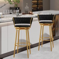 Lsoiup Bar Stools Set Of 3 Modern 360 Swivel Counter Height Stools Velvet Woven Uphsoltered Barstools With Mid Backs Metal Kitchen Chairs For Pub Cafe Bar-Black