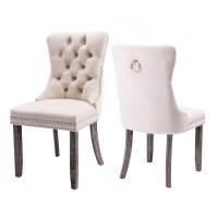 Virabit Velvet Dining Chairs Set Of 2, Tufted Dining Chairs With Nailhead Back And Ring Pull Trim, Upholstered Dining Chairs For Kitchen/Bedroom/Dining Room (Beige)