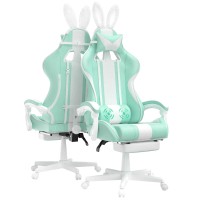 Ferghana Kawaii Light Green Gaming Chair With Bunny Ears Ergonomic Cute Gamer Chair With Footrest And Massage Racing Reclining