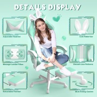 Ferghana Kawaii Light Green Gaming Chair With Bunny Ears Ergonomic Cute Gamer Chair With Footrest And Massage Racing Reclining