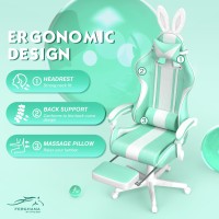 Ferghana Kawaii Light Green Gaming Chair With Bunny Ears Ergonomic Cute Gamer Chair With Footrest And Massage Racing Reclining