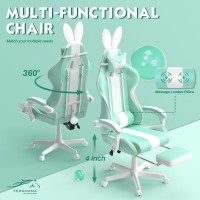 Ferghana Kawaii Light Green Gaming Chair With Bunny Ears Ergonomic Cute Gamer Chair With Footrest And Massage Racing Reclining