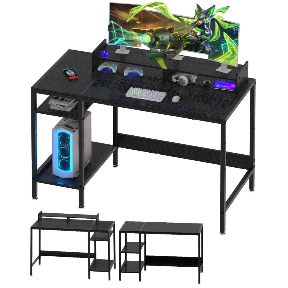 Minosys Computer Desk - 39? Gaming Desk, Home Office Desk With Storage, Small Desk With Monitor Stand, Writing Desk For 2 Monitors, Adjustable Storage Space, Modern Design Corner Table, Black.