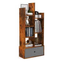 Tangkula Bookshelf with Drawer, Tree-Shaped Bookcase with 7 Open Storage Shelves, Freestanding Industrial Wood Display Cube Shelf, Home Office Books Organizer, 21 x 9.5 x 47 Inch