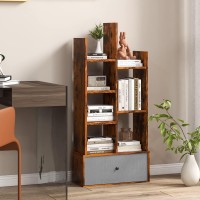 Tangkula Bookshelf with Drawer, Tree-Shaped Bookcase with 7 Open Storage Shelves, Freestanding Industrial Wood Display Cube Shelf, Home Office Books Organizer, 21 x 9.5 x 47 Inch