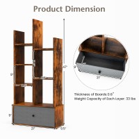 Tangkula Bookshelf with Drawer, Tree-Shaped Bookcase with 7 Open Storage Shelves, Freestanding Industrial Wood Display Cube Shelf, Home Office Books Organizer, 21 x 9.5 x 47 Inch