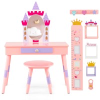 Costzon Kids Vanity Set, Girls Vanity Set With Mirror And Stool, Princess Makeup Dressing Table With Drawer, Growth Chart, Floating Shelves, Pretend Play Vanity Table And Chair Set For Toddlers, Pink