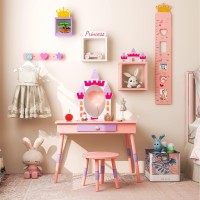 Costzon Kids Vanity Set, Girls Vanity Set With Mirror And Stool, Princess Makeup Dressing Table With Drawer, Growth Chart, Floating Shelves, Pretend Play Vanity Table And Chair Set For Toddlers, Pink