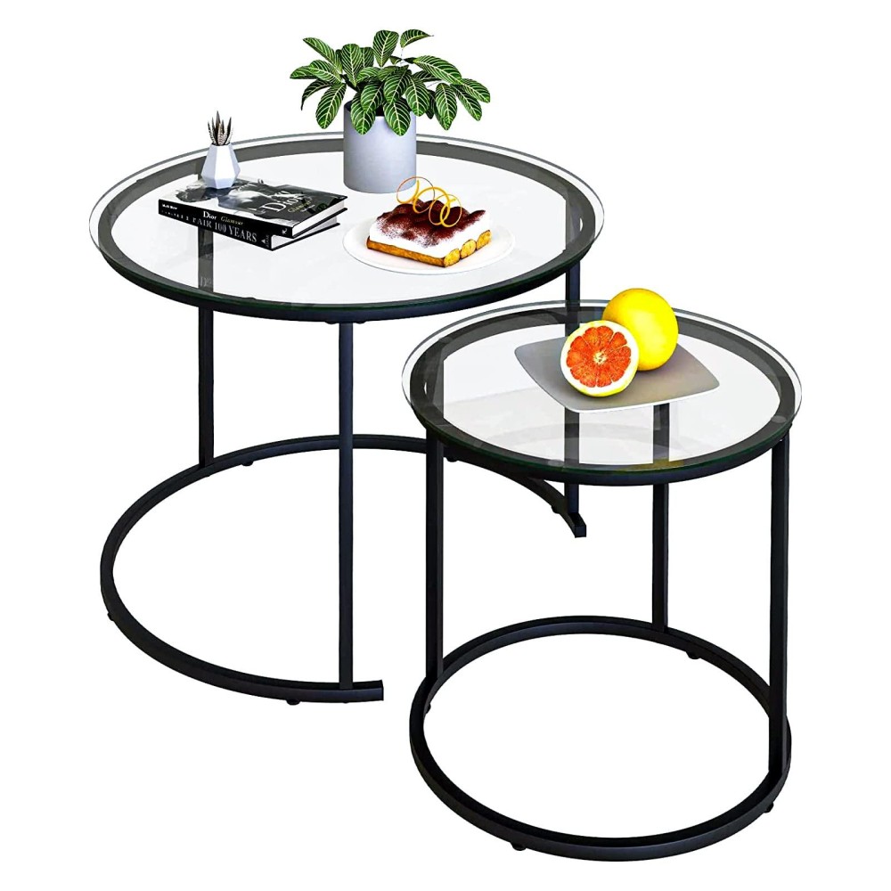Azheruol Nesting Coffee Table Set Of 2,Modern Black Tempered Glass Side Table, Metal Frame Round End Table.Small Glass Tea Table For Living Room,Bedroom Studio Apartment Essentials,17.7In