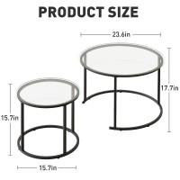 Azheruol Nesting Coffee Table Set Of 2,Modern Black Tempered Glass Side Table, Metal Frame Round End Table.Small Glass Tea Table For Living Room,Bedroom Studio Apartment Essentials,17.7In