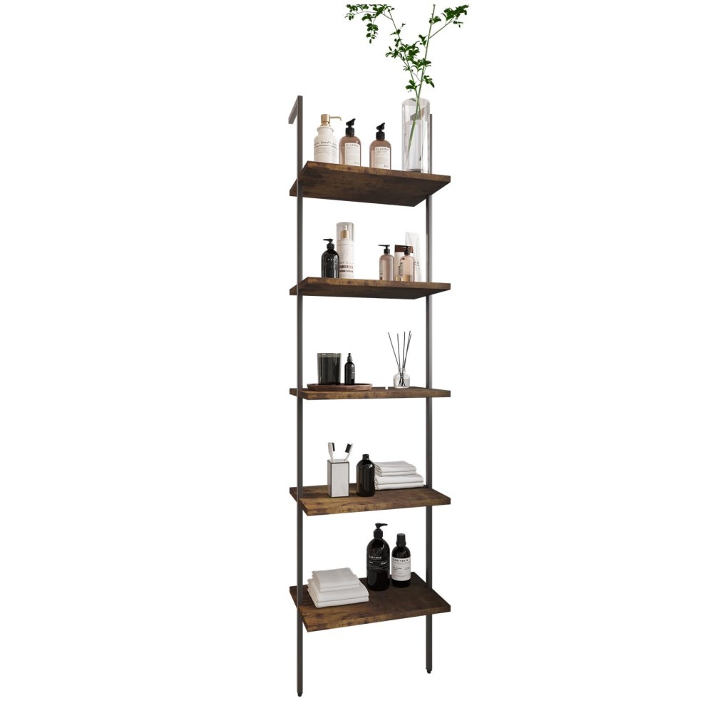 Wolawu Ladder Shelf 5 Tiers Metal Industrial Bookshelf,Rustic Brown Wood Tall Open Storage Rack And Display Shelves,Wall Mount Wide Book Case For Home Office Bedroom,Small