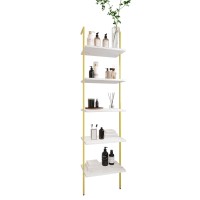 Wolawu Ladder Shelf 5 Tiers Metal Industrial Bookshelf,White Marble Wood Tall Open Storage Rack And Display Shelves,Wall Mount Wide Book Case For Home Office Bedroom,Small