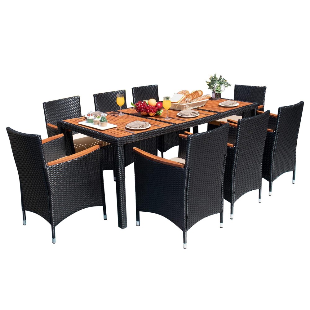 Devoko Outdoor Patio Dining Sets 9 Pieces Wicker Outdoor Dining Table And Chairs Set With Acacia Wood Table Top And Widened Armr